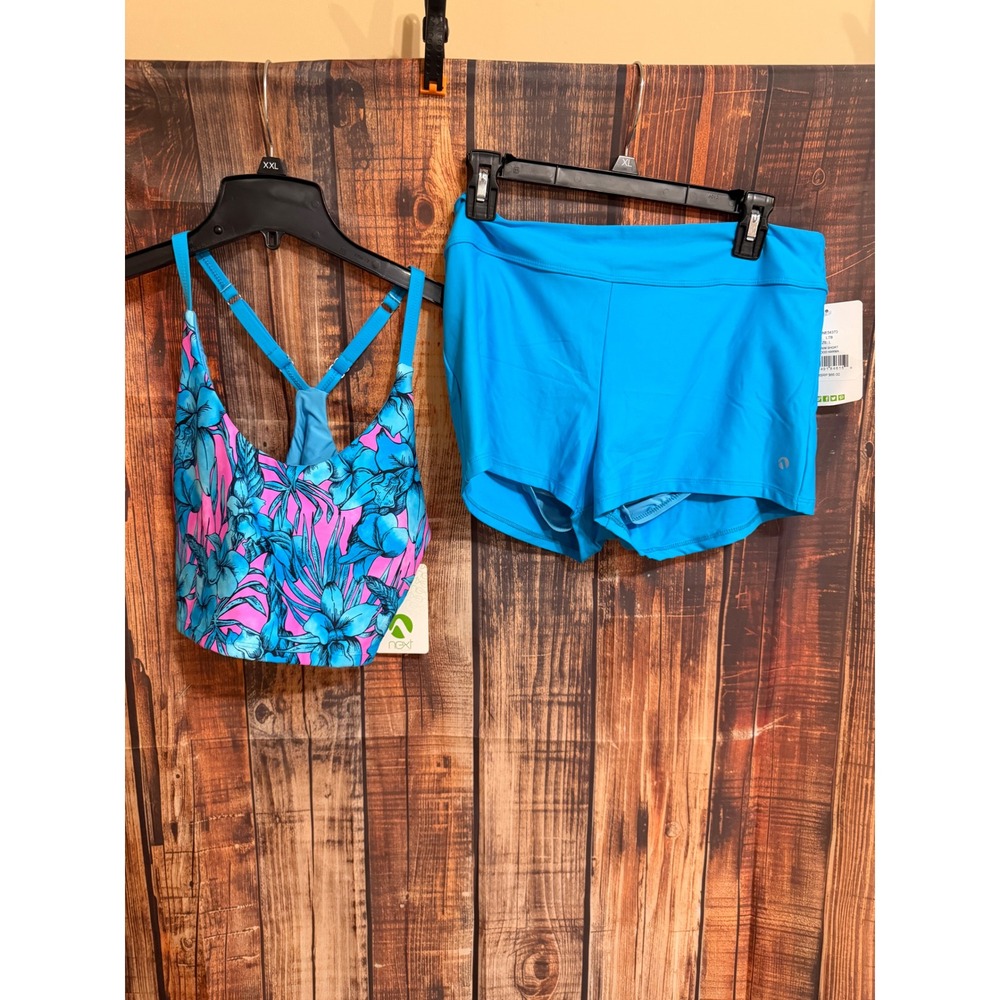 Next by Athena Luau Floral Crop Bikini Top and Swim Shorts Set Blue Pink L